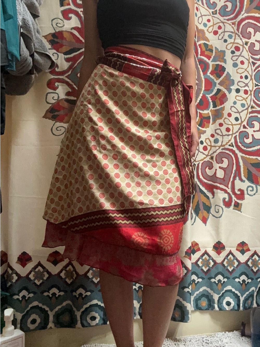 Women’s Red & Cream Wrap Skirt - Layered Boho Style
